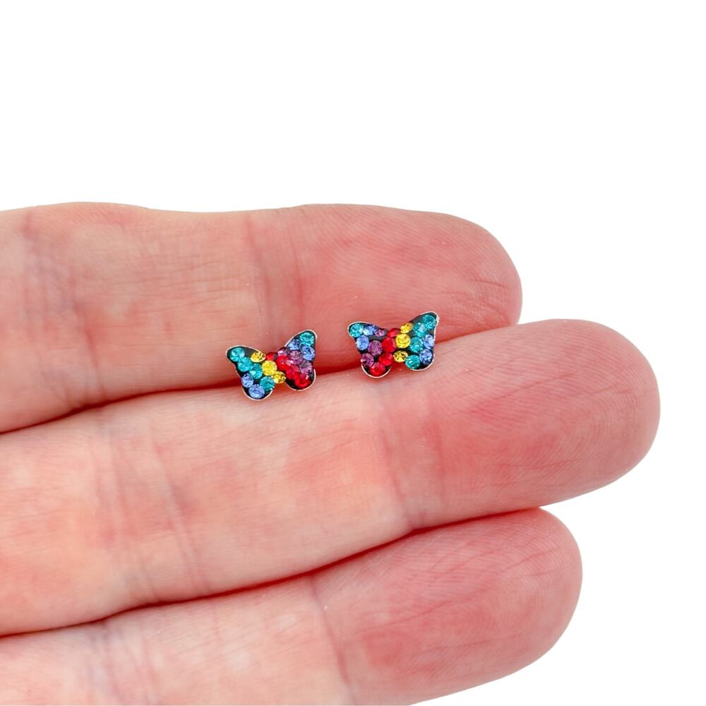Sterling Silver 925 Multicolor Crystal Butterfly Stud Earrings